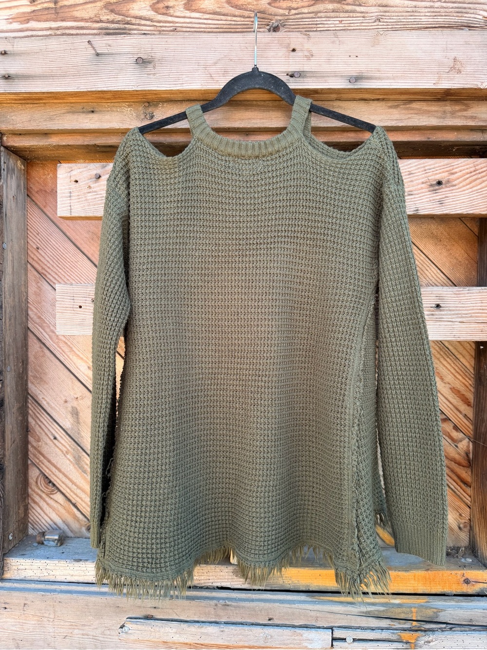 Umgee Olive Cold-Shoulder Waffle Knit Sweater - Picture 4 of 5